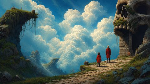GRID THUMBNAIL — Cobblestone path leads two red-cloaked figures toward a giant skull-shaped cave in mountain cliffs, overlooking a vast sea of sunlit clouds.