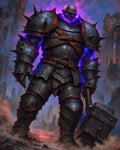 GRID THUMBNAIL — Towering undead knight in spiked black armour wreathed in purple energy, carrying a colossal warhammer amid crumbling ruins under smoky twilight skies.