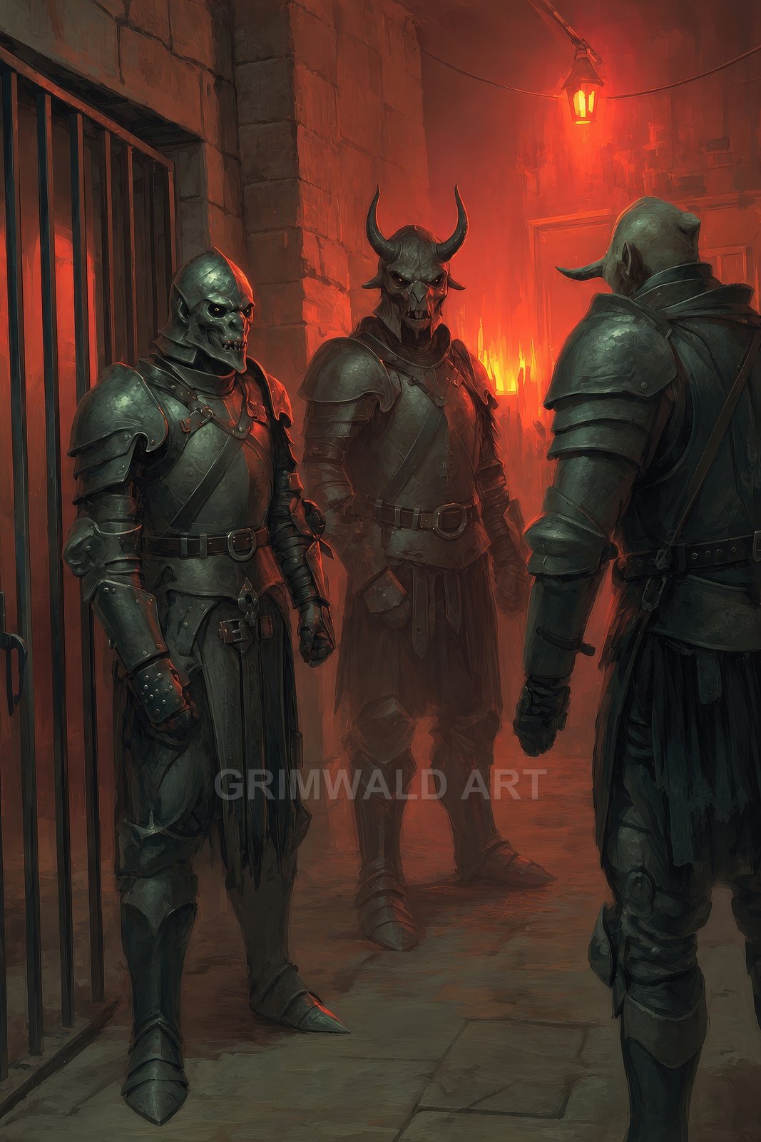Three skull-helmed armoured guards stand in a torchlit dungeon corridor beside iron bars, their heavy plate and horned visors lit by red firelight.