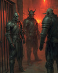 GRID THUMBNAIL — Three skull-helmed armoured guards stand in a torchlit dungeon corridor beside iron bars, their heavy plate and horned visors lit by red firelight.