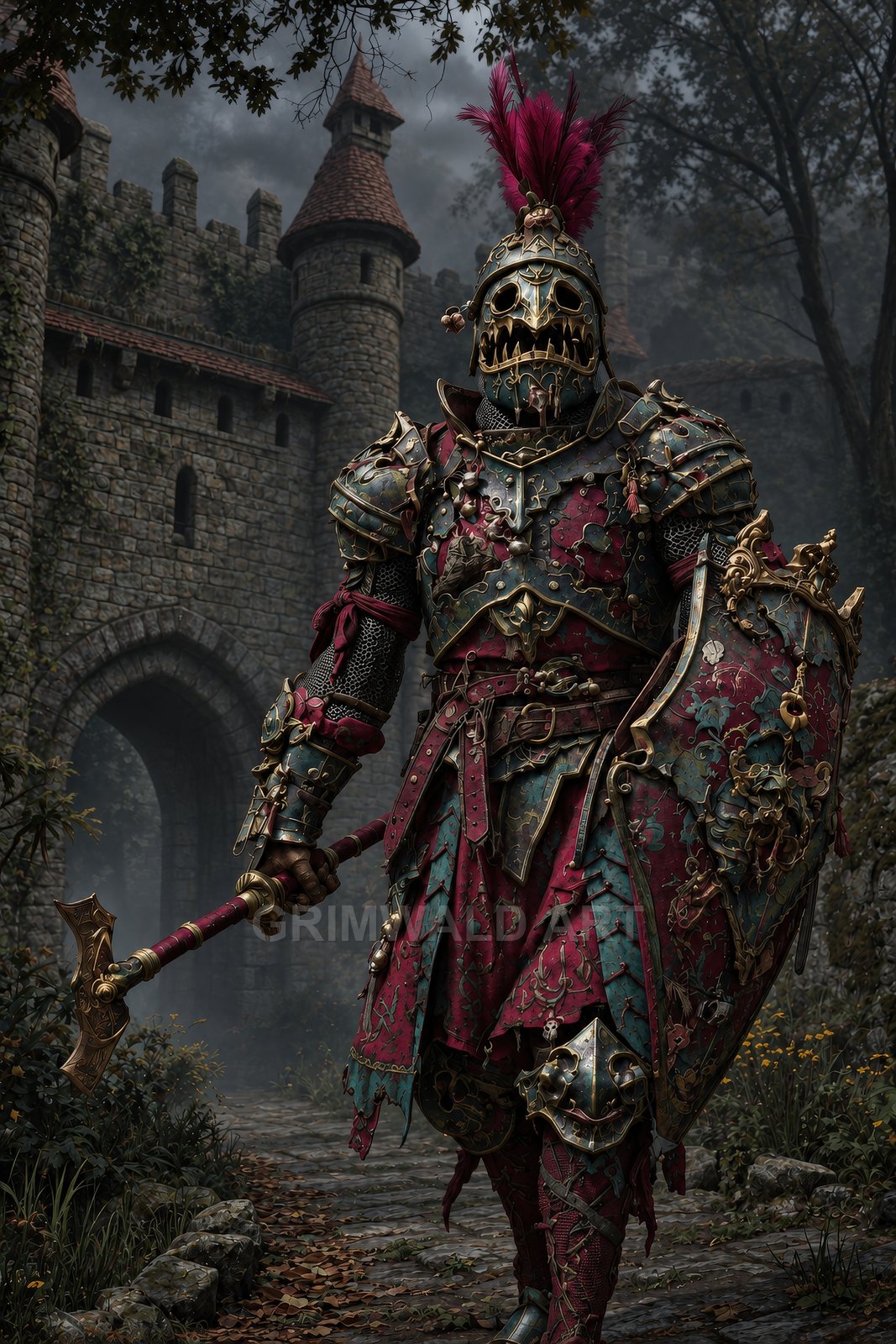 Ornate armoured knight with skull-visored helm and crimson plume, holding polehammer and shield before a misty stone castle gate in dark fantasy style.