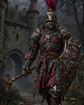 GRID THUMBNAIL — Ornate armoured knight with skull-visored helm and crimson plume, holding polehammer and shield before a misty stone castle gate in dark fantasy style.