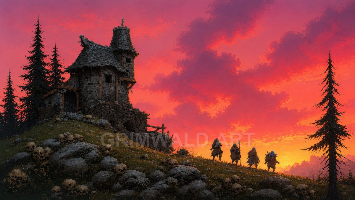 Crooked stone watchtower on a skull-strewn grassy hill, flanked by dark pines, under a vivid orange sunset with four distant travellers.