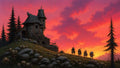 GRID THUMBNAIL — Crooked stone watchtower on a skull-strewn grassy hill, flanked by dark pines, under a vivid orange sunset with four distant travellers.