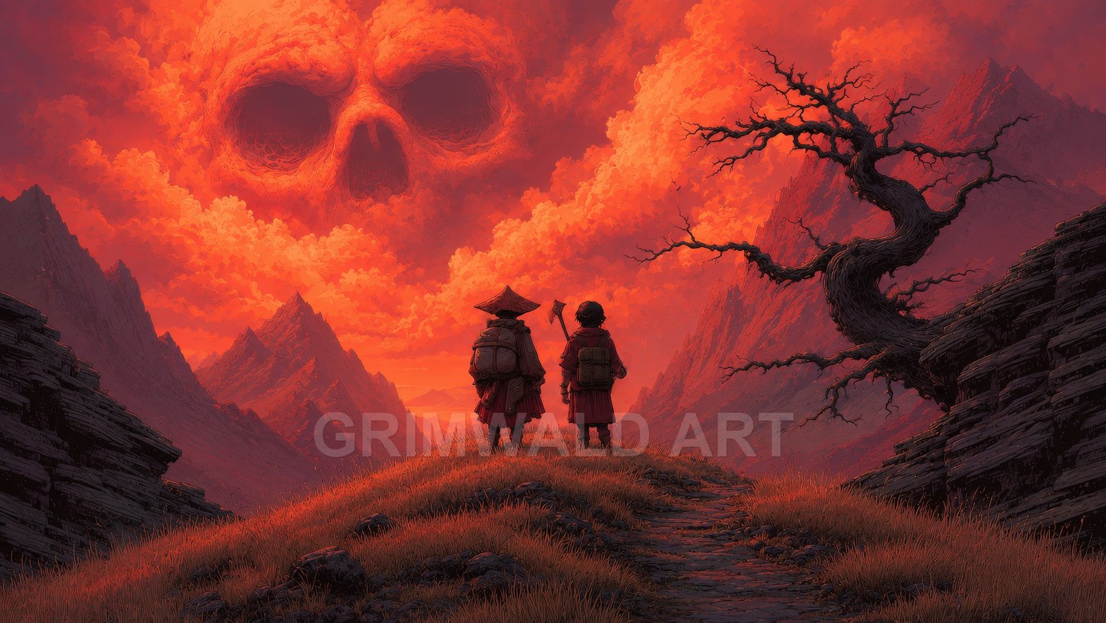 Two cloaked travellers stand on a grassy ridge between mountains, gazing at a fiery sunset sky where clouds form a vast skull.