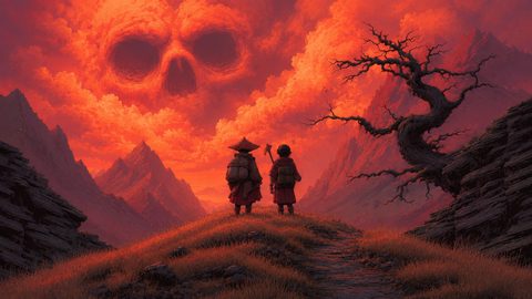 GRID THUMBNAIL — Two cloaked travellers stand on a grassy ridge between mountains, gazing at a fiery sunset sky where clouds form a vast skull.