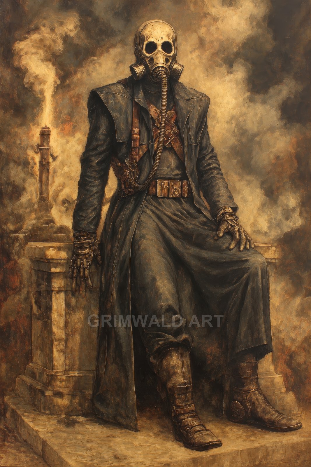 A seated figure in a long coat and boots wears a skull-like gas mask beside a smoking flare stack amid sepia industrial ruins.