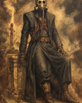 GRID THUMBNAIL — A seated figure in a long coat and boots wears a skull-like gas mask beside a smoking flare stack amid sepia industrial ruins.