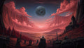 GRID THUMBNAIL — Crimson valley at sunset beneath towering cliffs, cloaked warriors gathering by a hilltop castle, and a looming skull-shaped moon overhead.