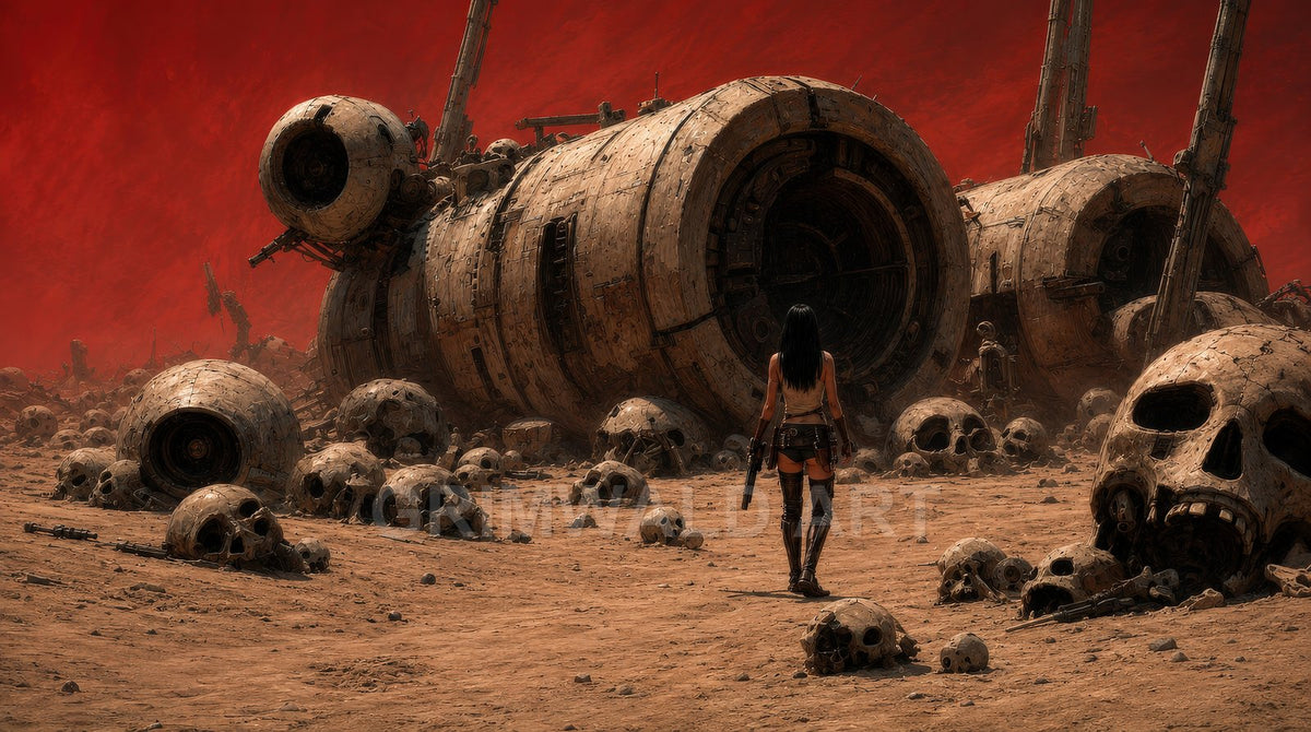 A lone figure walks across a skull-strewn desert towards a vast crashed spacecraft under a dramatic red sky on an alien world.