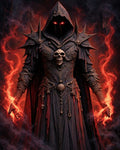 GRID THUMBNAIL — A hooded demonic warlock in ornate spiked armour with skull adornments conjures red flames in both hands amid smoky, ruined darkness.