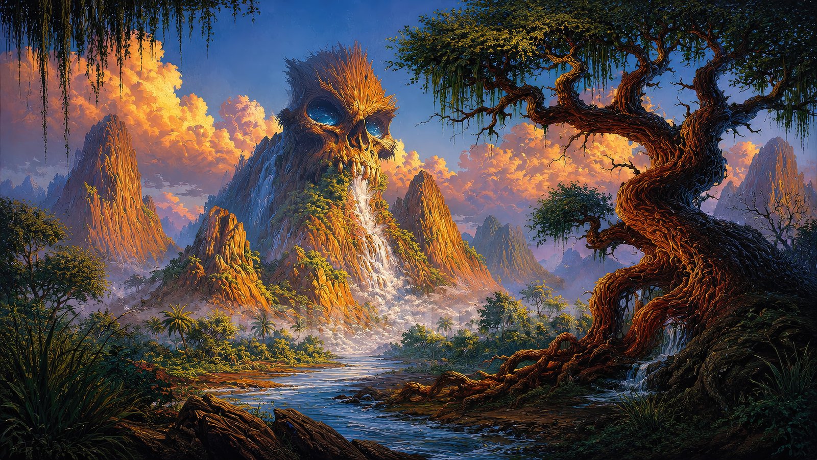 Fantasy landscape showing a skull-shaped mountain with glowing blue eyes, waterfalls pouring into a jungle river, under golden clouds and a twisted ancient tree.