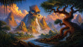 GRID THUMBNAIL — Fantasy landscape showing a skull-shaped mountain with glowing blue eyes, waterfalls pouring into a jungle river, under golden clouds and a twisted ancient tree.