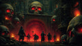GRID THUMBNAIL — Hooded warriors approach a vast arched gate in a ruined fortress, surrounded by gigantic skulls with glowing red eyes and fiery torches.