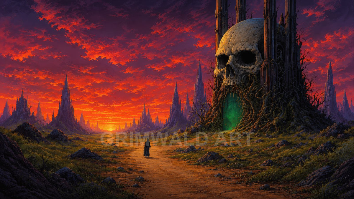 Skullgate at Dusk – Retro Fantasy Landscape Art