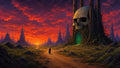 GRID THUMBNAIL — A lone robed traveller follows a dusty path toward a colossal skull-shaped ruin with a glowing green doorway, beneath a crimson sunset and jagged spires.