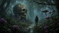 GRID THUMBNAIL — Misty forest scene with a colossal moss-covered skull entwined by roots, oversized mushrooms, wet path, and a lone cloaked figure approaching.