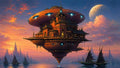 GRID THUMBNAIL — A colossal floating pagoda citadel hovers above a calm harbour at sunset, glowing with lights, with sailing junks and a distant spired city.