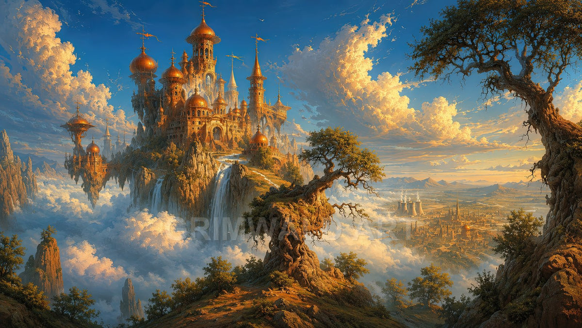 Golden-domed castle perched on mountain cliffs above clouds, cascading waterfalls and twisted trees, overlooking a sunlit valley city under dramatic golden-hour skies.