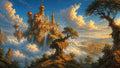 GRID THUMBNAIL — Golden-domed castle perched on mountain cliffs above clouds, cascading waterfalls and twisted trees, overlooking a sunlit valley city under dramatic golden-hour skies.