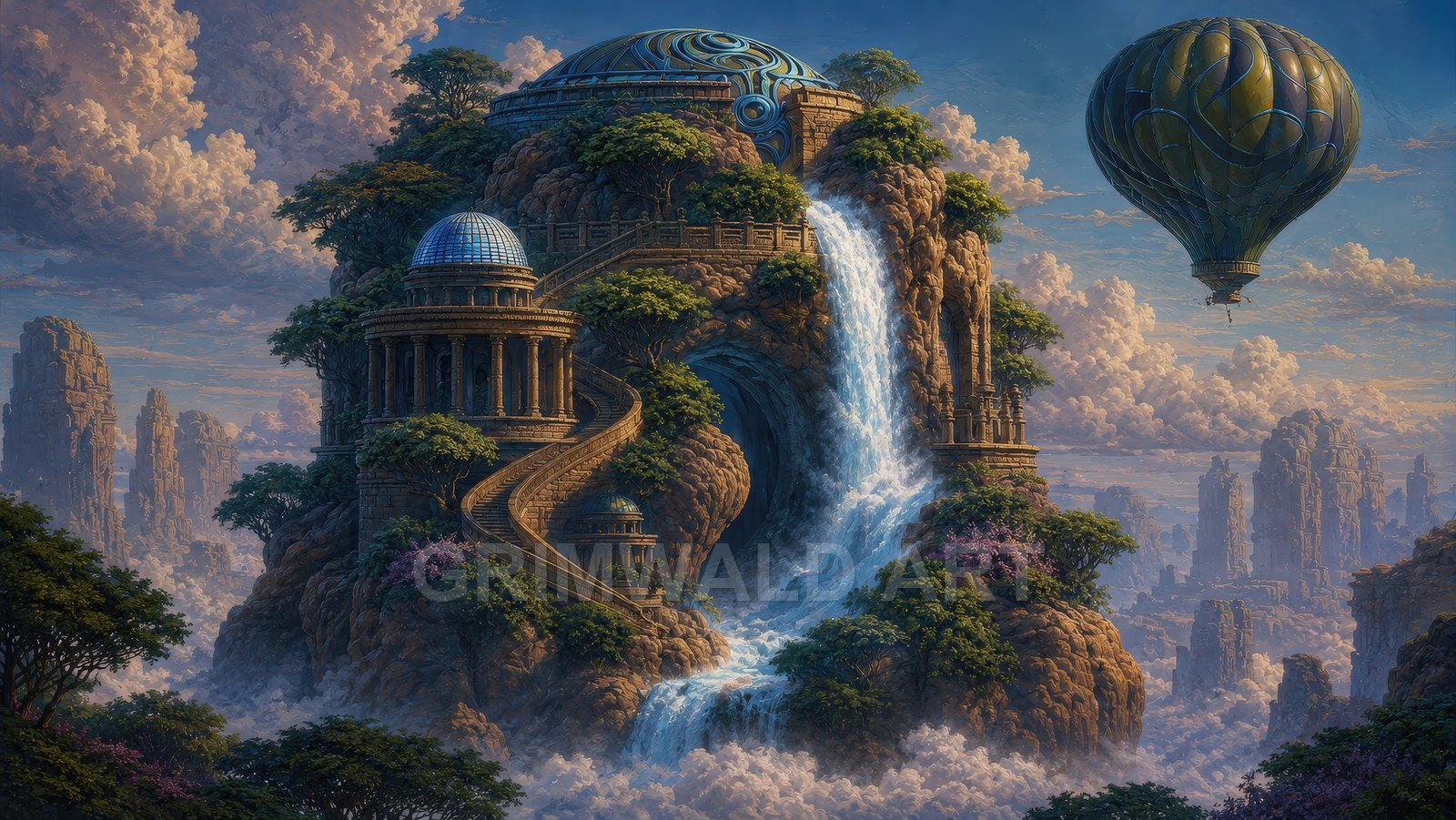 Domed mountain temple carved into cliffs with a cascading waterfall, winding stairways, misty cloud sea and a lone hot air balloon at day.