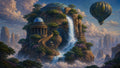 GRID THUMBNAIL — Domed mountain temple carved into cliffs with a cascading waterfall, winding stairways, misty cloud sea and a lone hot air balloon at day.