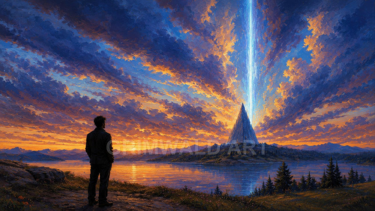 Silhouetted figure on lakeshore watches a pyramid on an island emit a skyward beam under vivid sunset clouds, with distant mountains and pines.