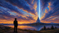 GRID THUMBNAIL — Silhouetted figure on lakeshore watches a pyramid on an island emit a skyward beam under vivid sunset clouds, with distant mountains and pines.