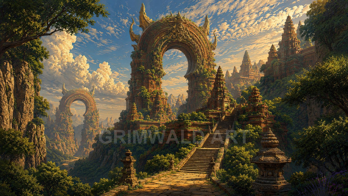 Colossal ornate stone archways and tiered temple towers rise amid lush mountain cliffs, connected by long stairways under warm golden clouds.