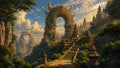 GRID THUMBNAIL — Colossal ornate stone archways and tiered temple towers rise amid lush mountain cliffs, connected by long stairways under warm golden clouds.