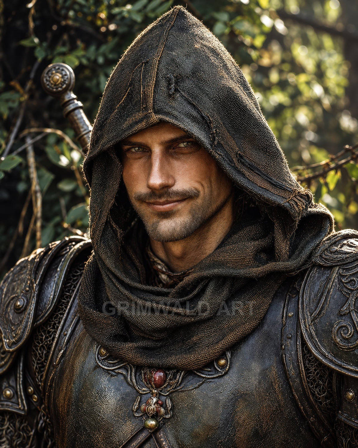 Close-up of a hooded male ranger in ornate, weathered armour, smirking, with a sword hilt over his shoulder, against a sunlit forest.