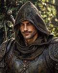 GRID THUMBNAIL — Close-up of a hooded male ranger in ornate, weathered armour, smirking, with a sword hilt over his shoulder, against a sunlit forest.