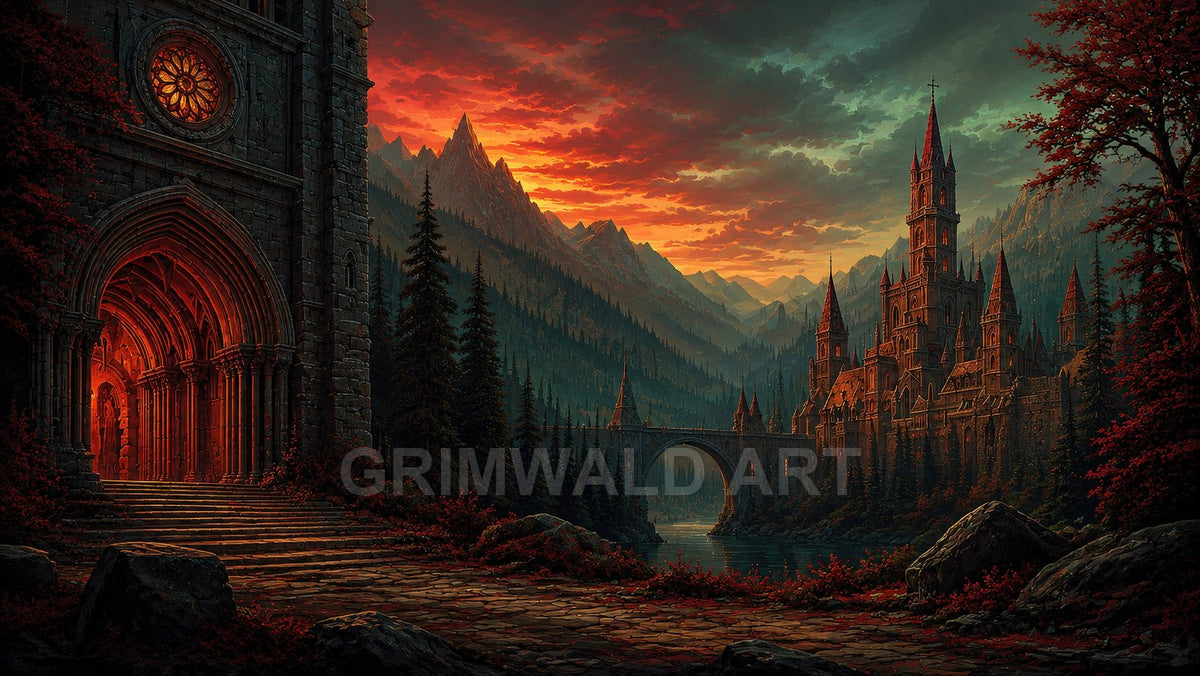 Smouldering Vale Spires – Retro Fantasy Landscape Art
