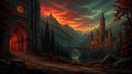 GRID THUMBNAIL — Gothic archway with rose window glows orange beside a forest path, facing a stone bridge, river, and spired castle amid pine mountains at fiery sunset.