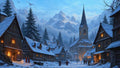 GRID THUMBNAIL — Snowy medieval village with glowing windows, church steeple, fir trees and distant mountains under blue twilight, with small figures and dragons overhead.