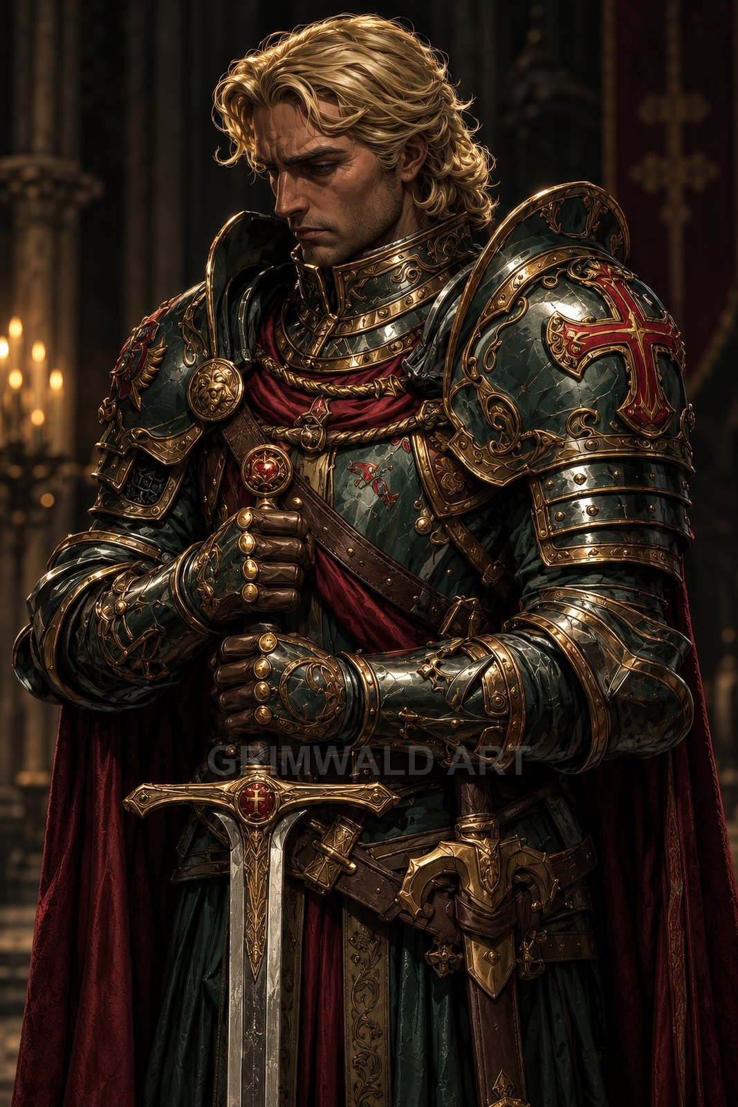 Armoured blond knight in emerald and gold plate holds a jewelled longsword, head bowed, in a candlelit cathedral interior with crimson cloak and heraldic crosses.