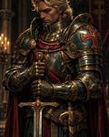 GRID THUMBNAIL — Armoured blond knight in emerald and gold plate holds a jewelled longsword, head bowed, in a candlelit cathedral interior with crimson cloak and heraldic crosses.