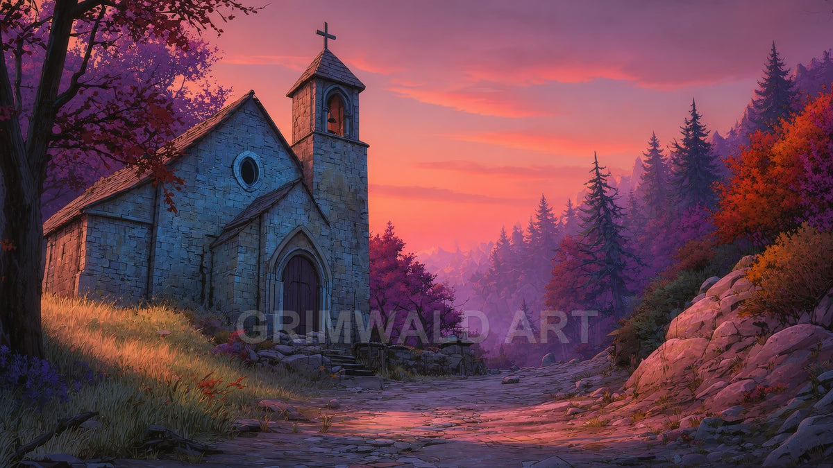 Stone chapel with bell tower and cross beside a rocky path, surrounded by colourful autumn forest under a vivid pink-orange sunset sky.
