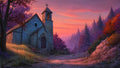 GRID THUMBNAIL — Stone chapel with bell tower and cross beside a rocky path, surrounded by colourful autumn forest under a vivid pink-orange sunset sky.