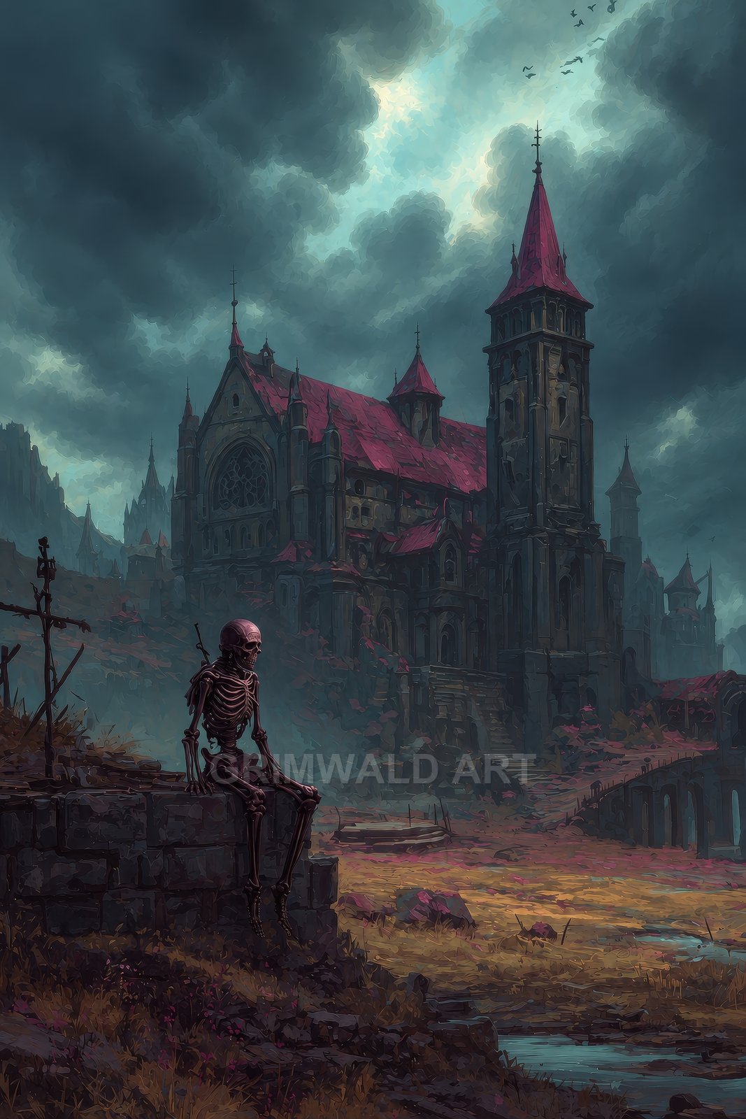 A lone skeleton sits on a crumbling stone wall before a vast gothic cathedral under stormy skies, red roofs glowing amid desolate marshland.