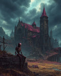 GRID THUMBNAIL — A lone skeleton sits on a crumbling stone wall before a vast gothic cathedral under stormy skies, red roofs glowing amid desolate marshland.
