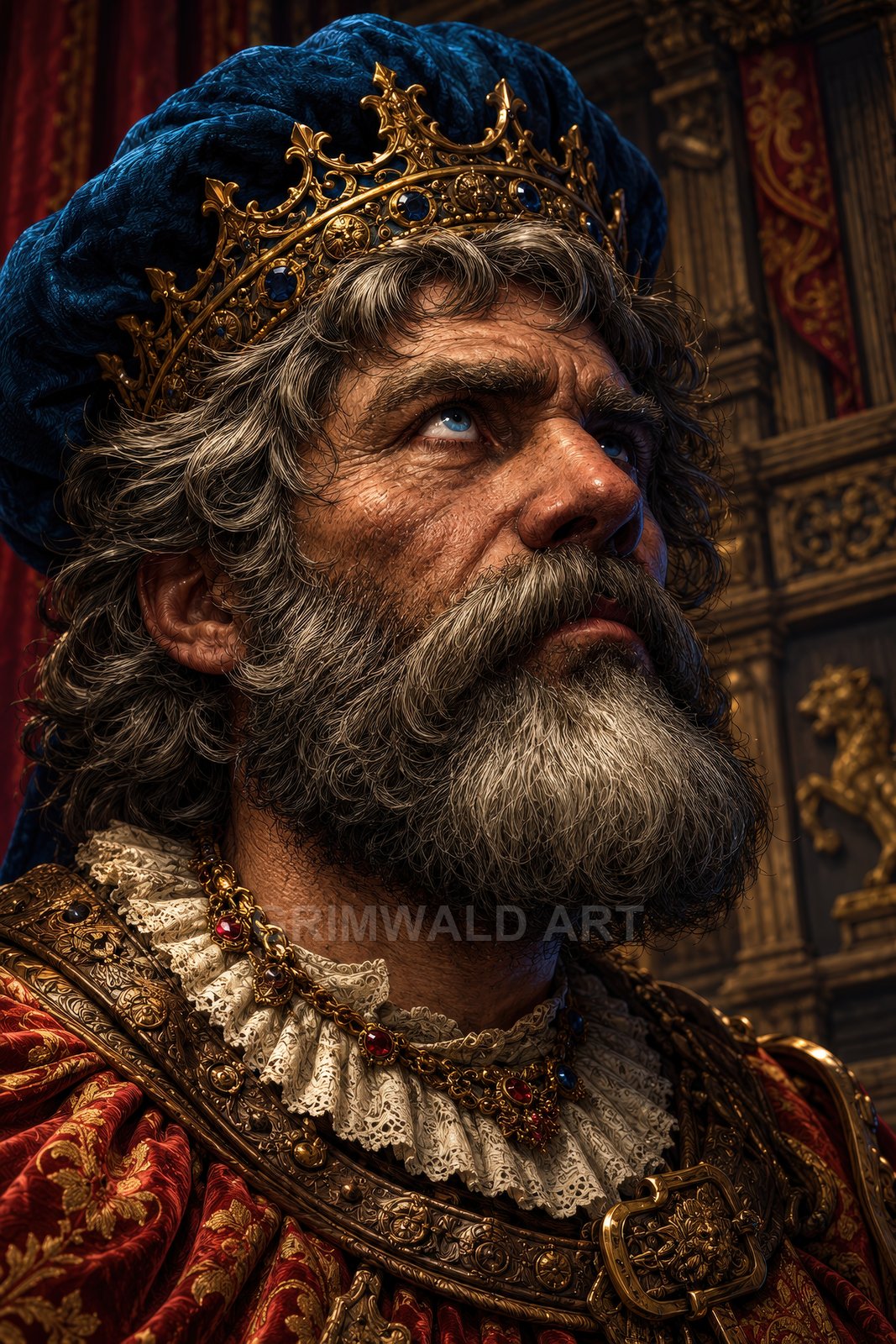 Older bearded king wearing a jewelled golden crown and red brocade robes, gazing upward in a dim castle interior with warm, dramatic lighting.