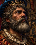 GRID THUMBNAIL — Older bearded king wearing a jewelled golden crown and red brocade robes, gazing upward in a dim castle interior with warm, dramatic lighting.