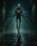 GRID THUMBNAIL — A gaunt, spider-limbed alien stalks a dripping stone tunnel, teal mist swirling as elongated appendages touch the wet floor under dim light.