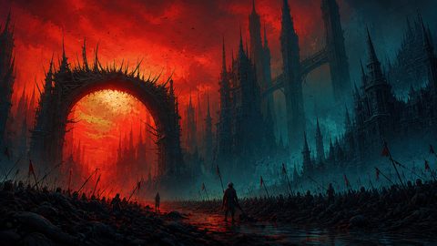 GRID THUMBNAIL — A vast gothic city of spires surrounds a colossal spiked arch glowing with red sunset light, armies and fallen banners crowd the dark foreground.