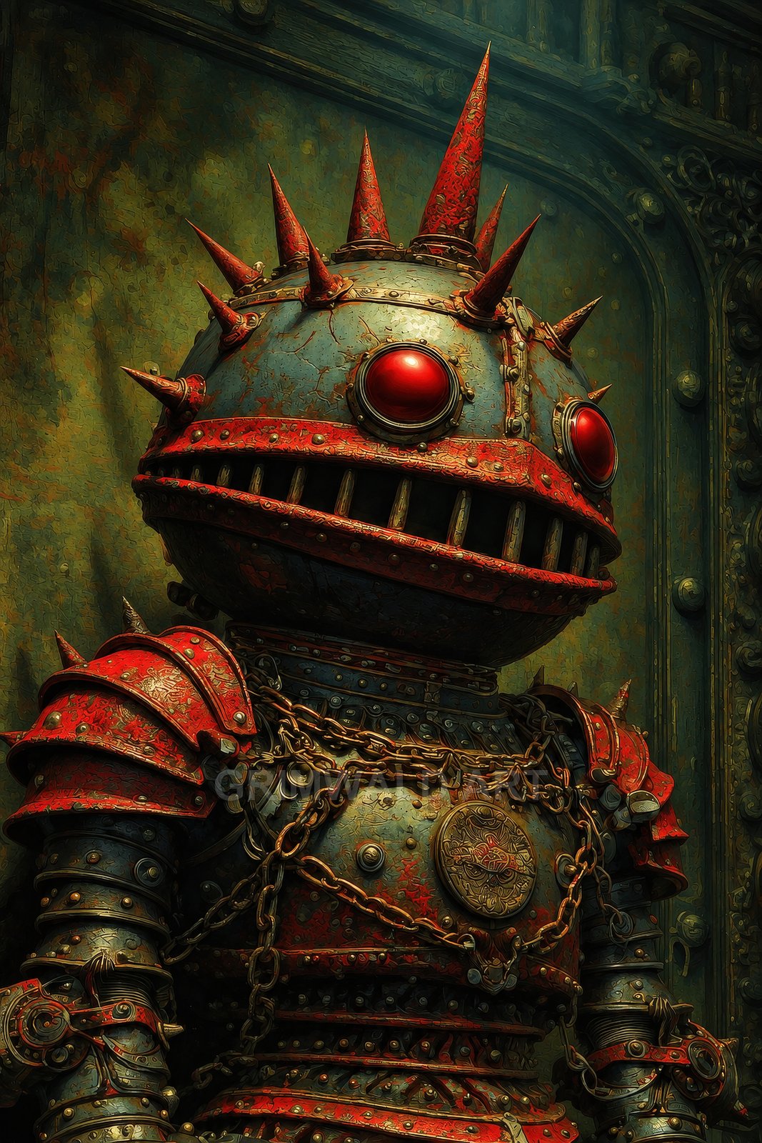 Spiked red-and-iron automaton with large red eyes and chained armour stands before an ornate metal wall under warm industrial light.