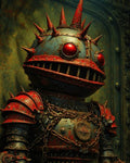 GRID THUMBNAIL — Spiked red-and-iron automaton with large red eyes and chained armour stands before an ornate metal wall under warm industrial light.