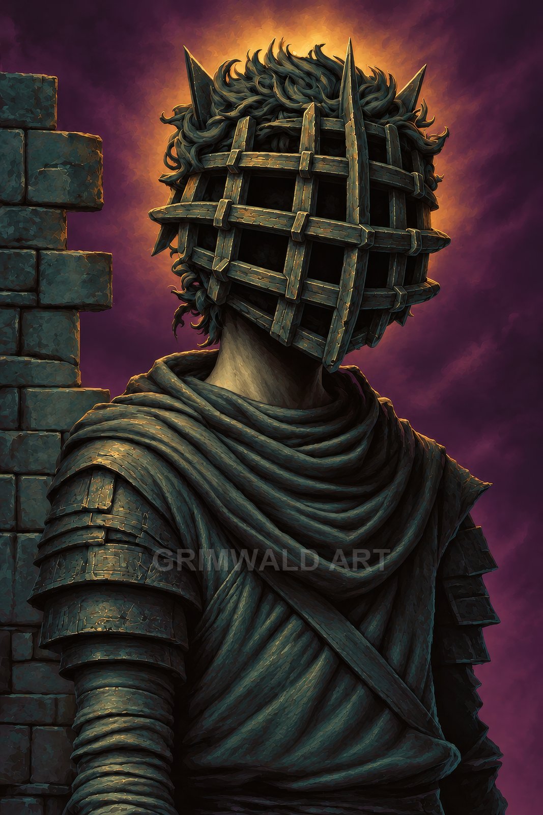Armoured figure with spiked cage helmet stands by a stone wall under a purple twilight sky, haloed with warm light, draped in tattered cloth.