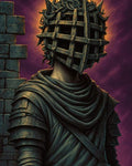 GRID THUMBNAIL — Armoured figure with spiked cage helmet stands by a stone wall under a purple twilight sky, haloed with warm light, draped in tattered cloth.