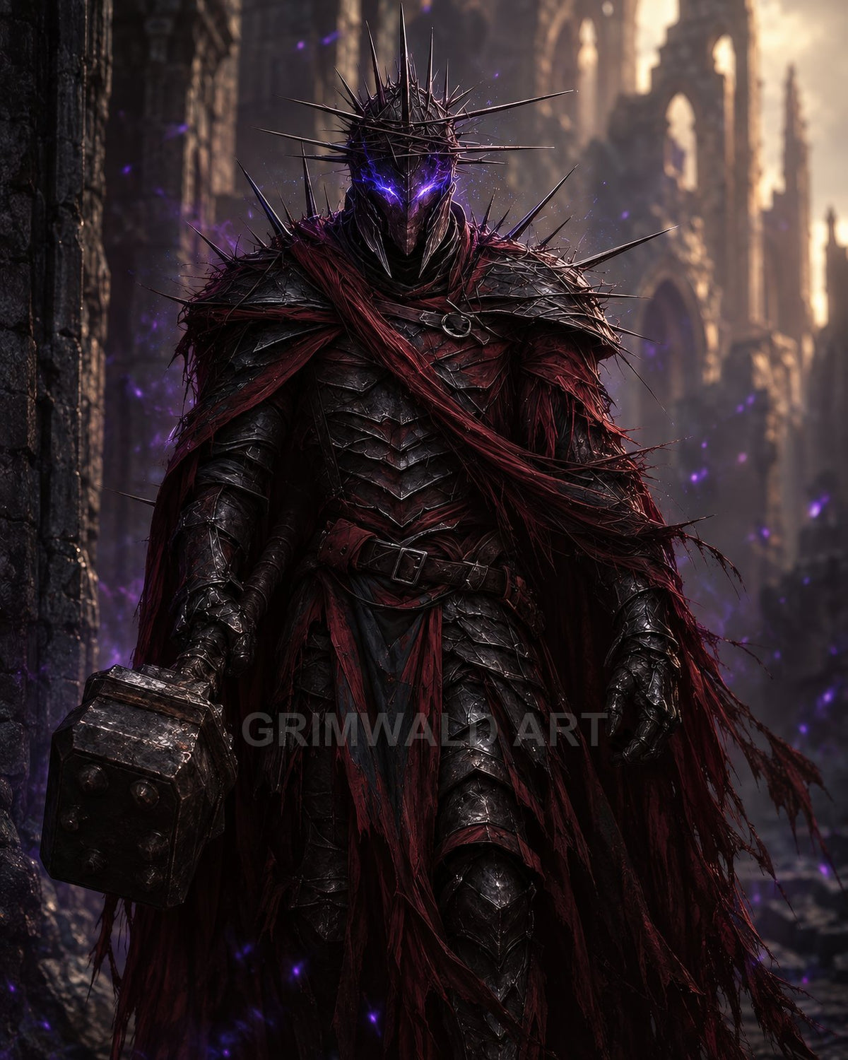 A spiked-helm armoured knight with glowing violet eyes strides through ruined gothic arches, draped in a tattered red cloak and hefting a massive warhammer.